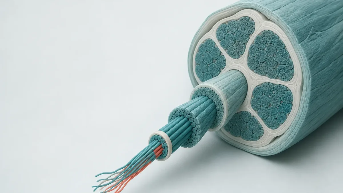 Aufgeschnittener türkiser Faserstrang als 3D-Modell, weiss umhüllte Bündel im Querschnitt, links ein herausgelöstes Bündel feiner türkiser und roter Fäden.