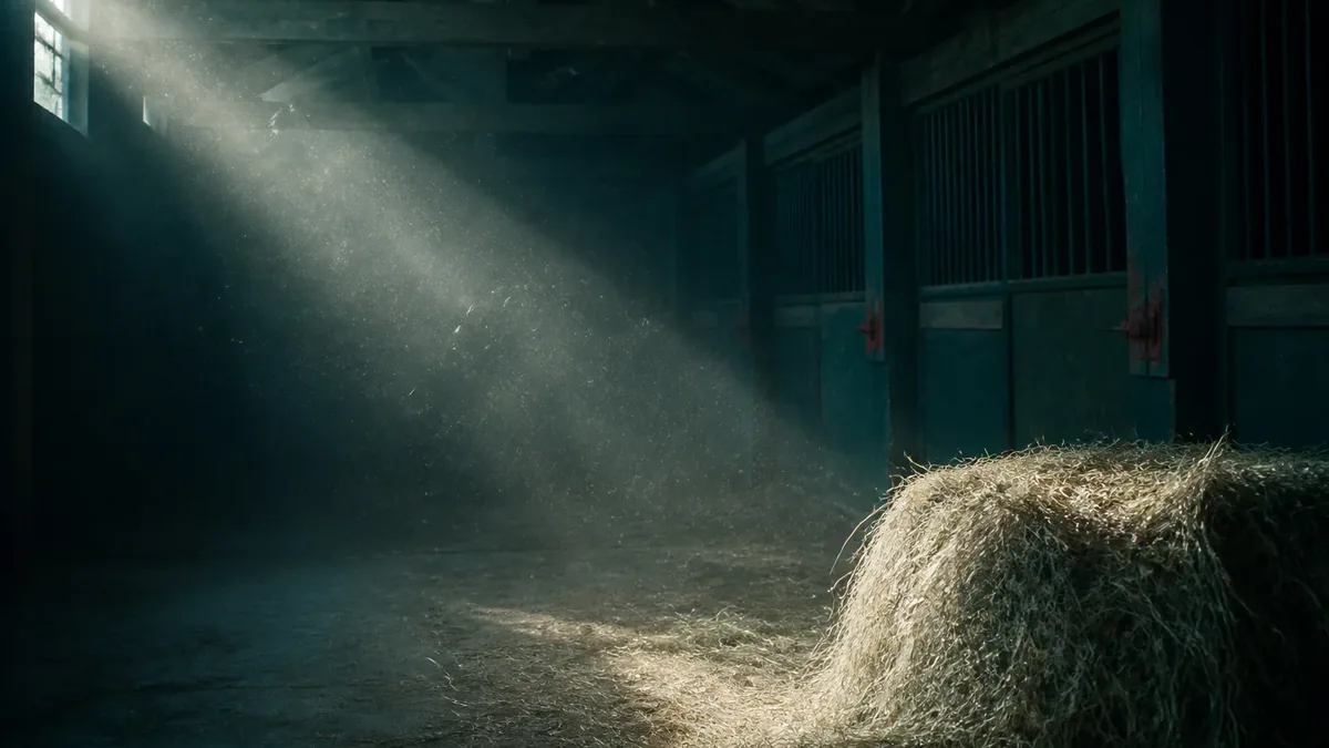 Dark stable aisle crossed by a shaft of window light with dust drifting in it, a hay bale at right in front of teal stall doors.