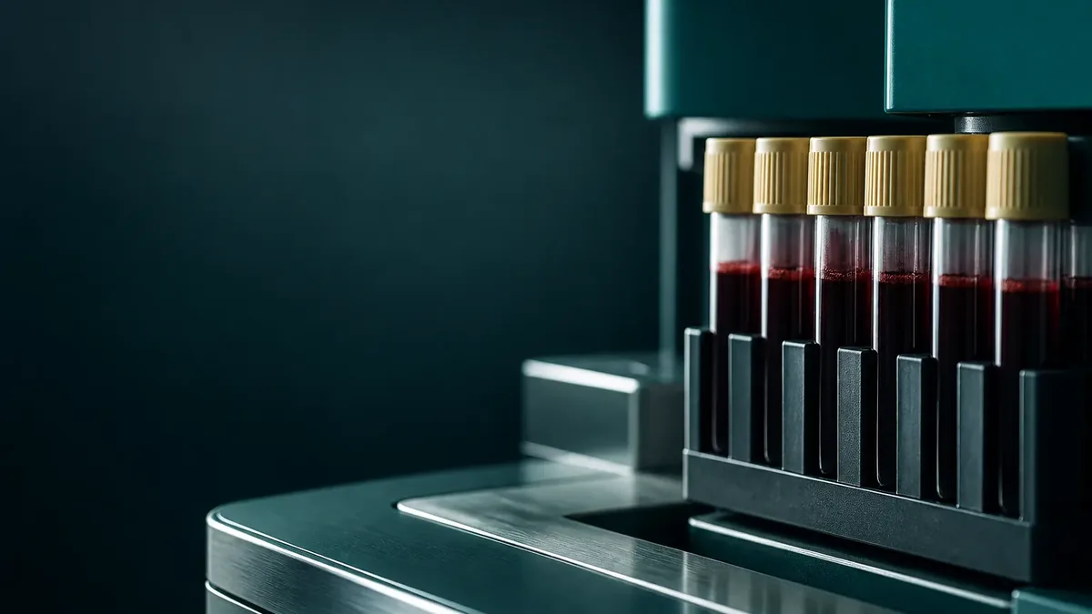 Six yellow-capped tubes holding dark red liquid in a metal rack on a teal laboratory analyser, dark background.