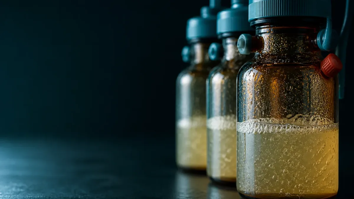 Three amber bottles with turquoise caps holding cloudy, bubbling liquid, condensation on the glass, dark background.
